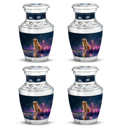 Bright Blue Dog Cremation Urn back view with polished surface - stylized abstract dog pattern with bold lines - 10 inch aluminum urn for cremated remains