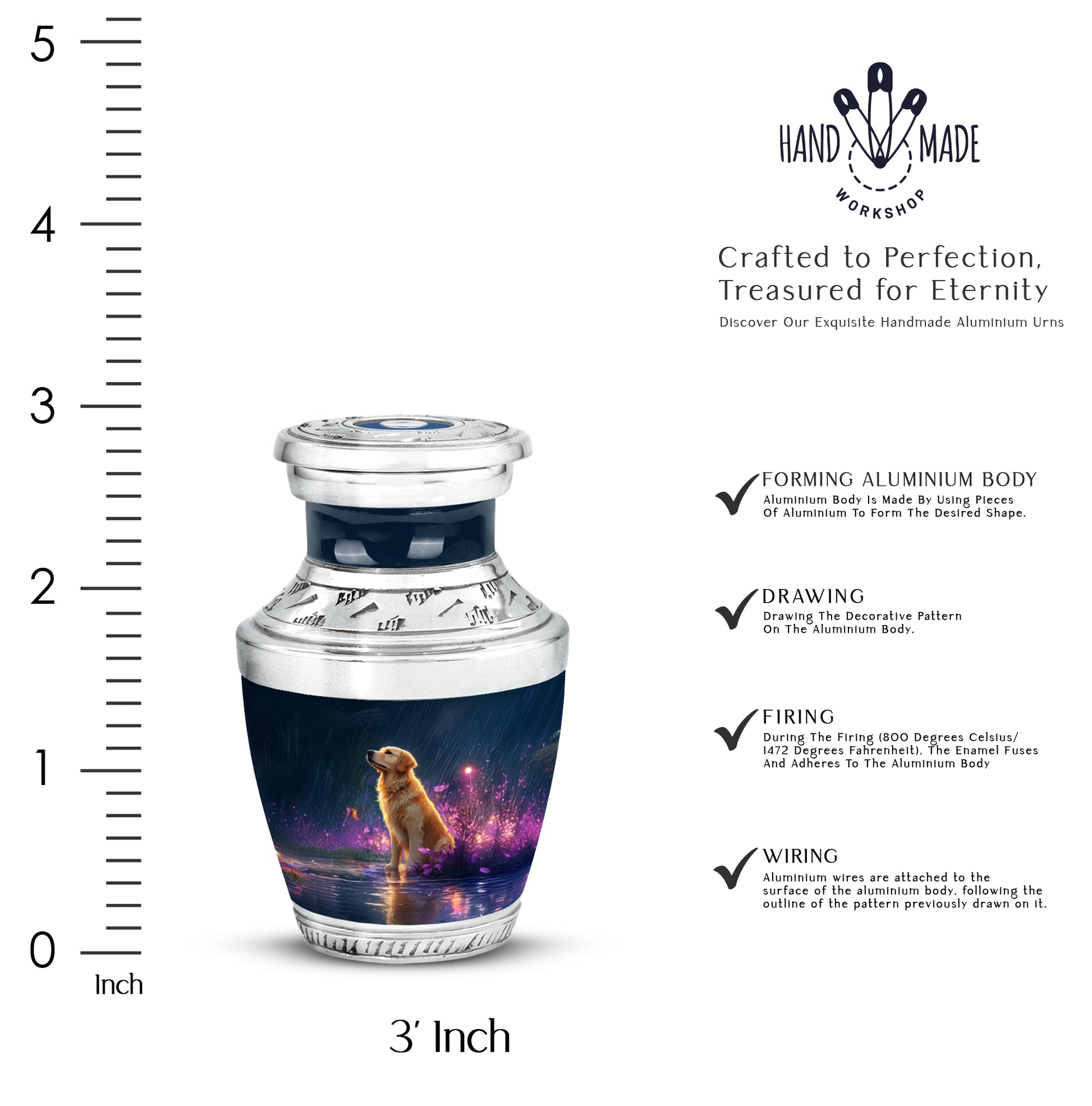 Azure Dog Cremation Urn top-down view of secure threaded lid - modern art-inspired dog motif on sleek aluminum - mini keepsake memorial for portion of cremation ashes