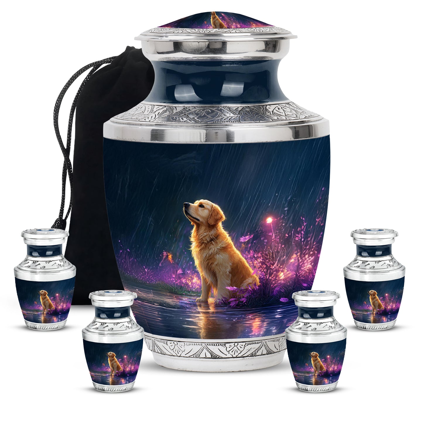 Azure Dog Cremation Urn lifestyle display on memorial shelf - modern art-inspired dog motif on sleek aluminum - memorial set with one large and four small urns