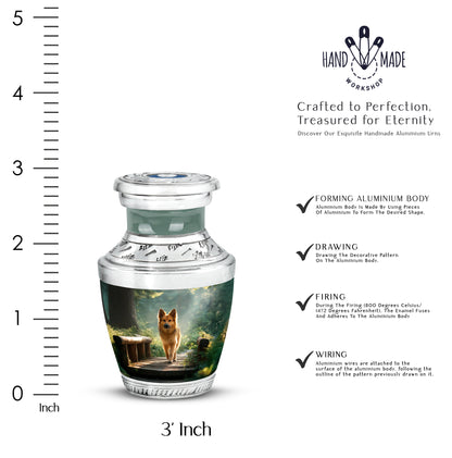 Pine Green Dog Cremation Urn top-down view of secure threaded lid - stylized abstract dog pattern with bold lines - mini keepsake memorial for portion of cremation ashes
