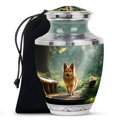 Verdant Green Dog Cremation Urn side profile showing urn shape - contemporary dog design with modern artistic flair - full-size 10 inch 200 cubic inch adult cremation urn