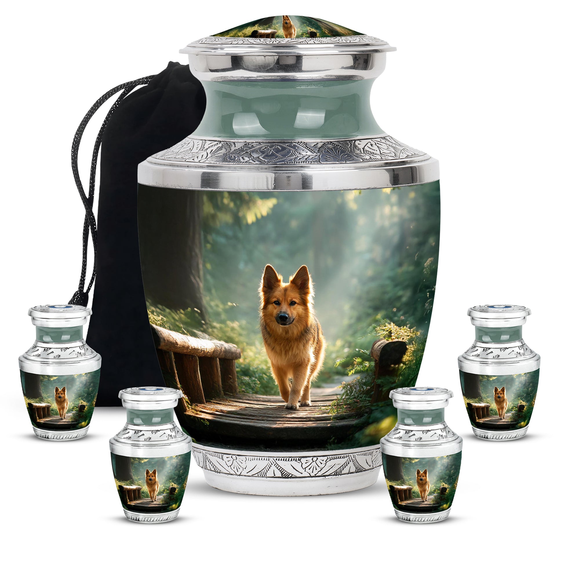 Jade Green Dog Cremation Urn lifestyle display on memorial shelf - contemporary dog design with modern artistic flair - memorial set with one large and four small urns