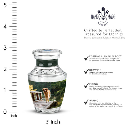 Pine Green Dog Cremation Urn top-down view of secure threaded lid - stylized abstract dog pattern with bold lines - mini keepsake memorial for portion of cremation ashes