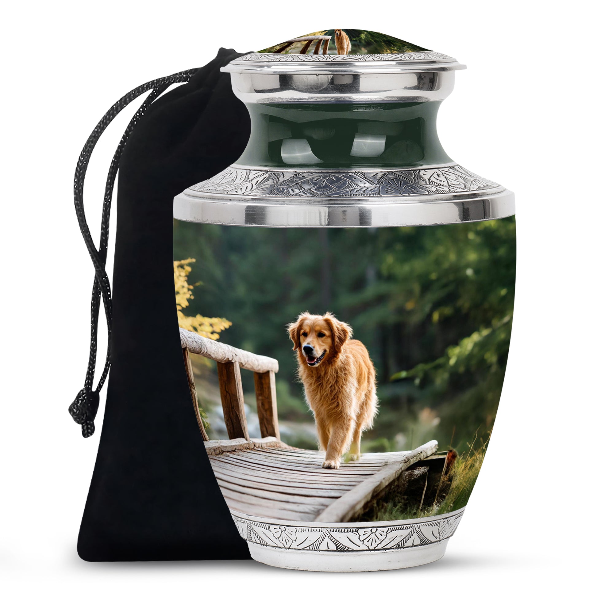 Pine Green Dog Cremation Urn side profile showing urn shape - artistic dog interpretation with creative detail - full-size 10 inch 200 cubic inch adult cremation urn