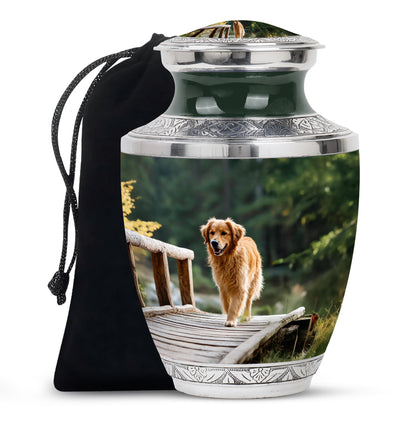 Pine Green Dog Cremation Urn side profile showing urn shape - artistic dog interpretation with creative detail - full-size 10 inch 200 cubic inch adult cremation urn