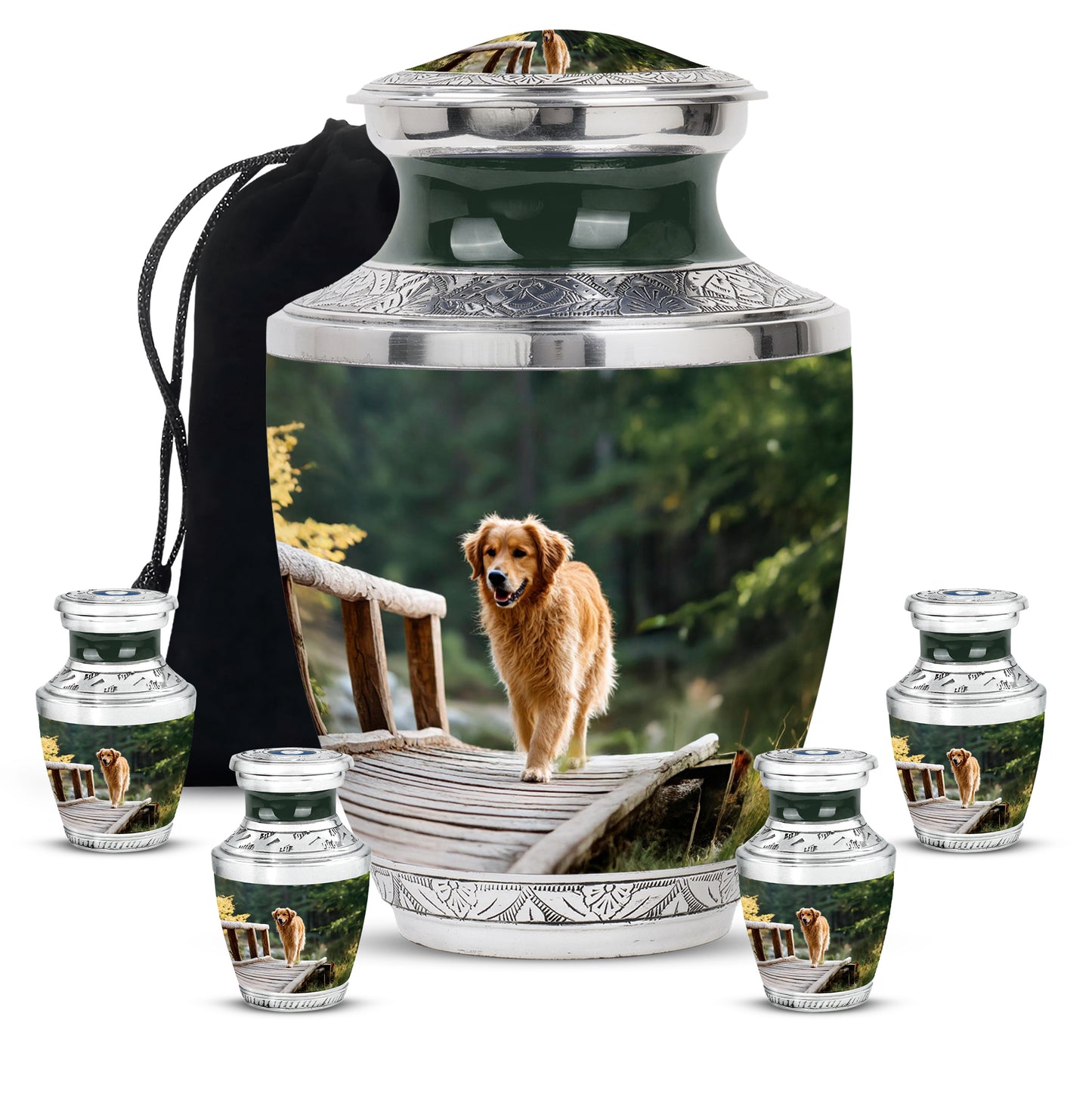 Sage Green Dog Cremation Urn lifestyle display on memorial shelf - modern art-inspired dog motif on sleek aluminum - memorial set with one large and four small urns