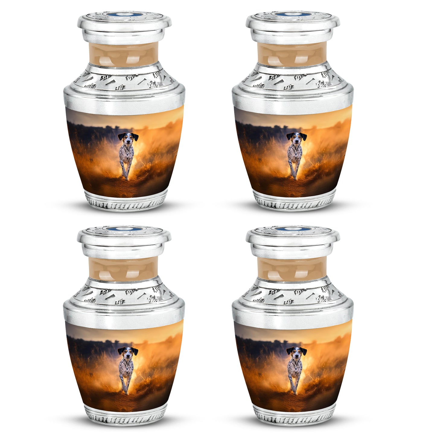 Harvest Gold Dog Cremation Urn back view with polished surface - stylized abstract dog pattern with bold lines - 10 inch aluminum urn for cremated remains