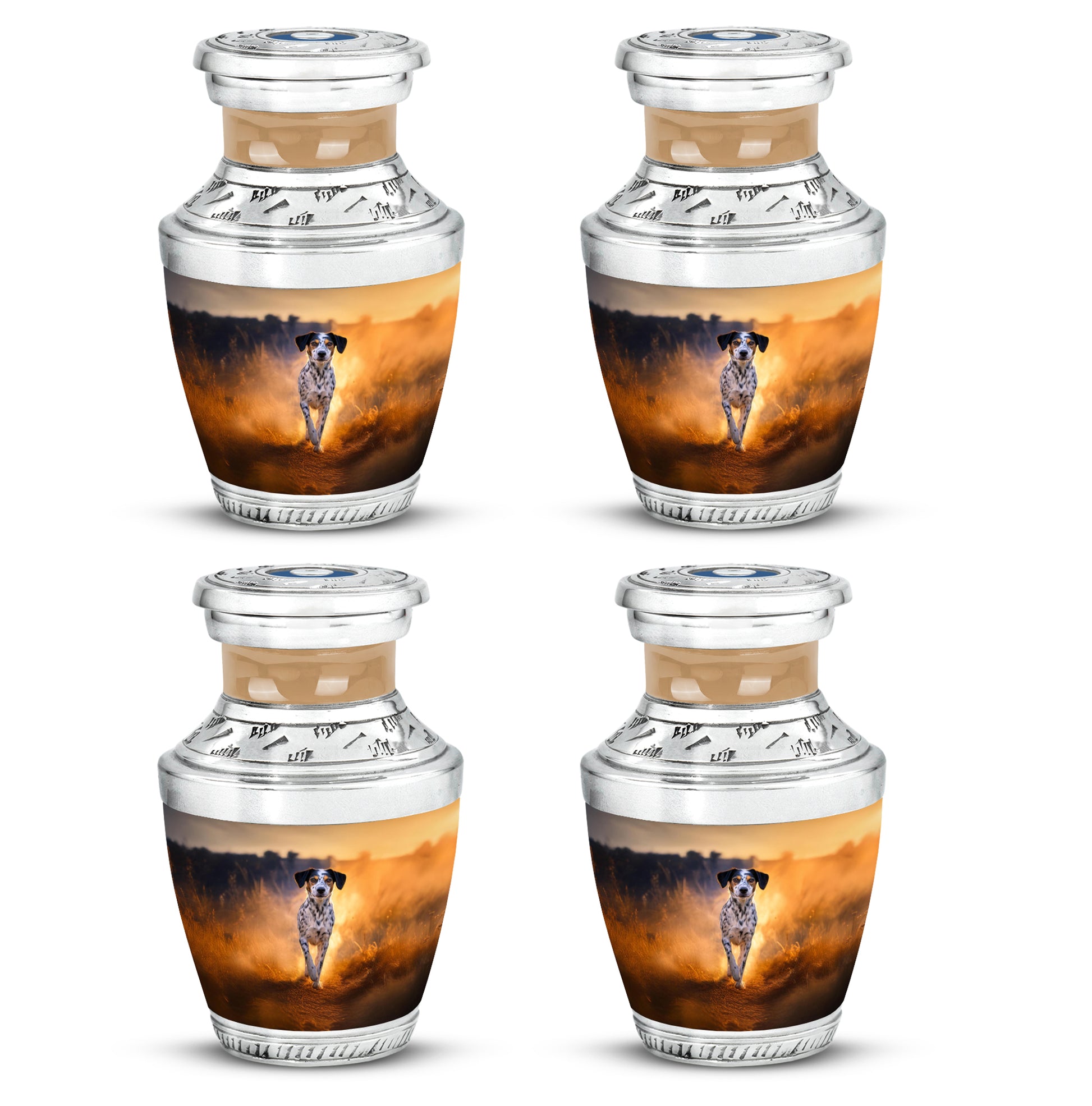 Harvest Gold Dog Cremation Urn back view with polished surface - stylized abstract dog pattern with bold lines - 10 inch aluminum urn for cremated remains