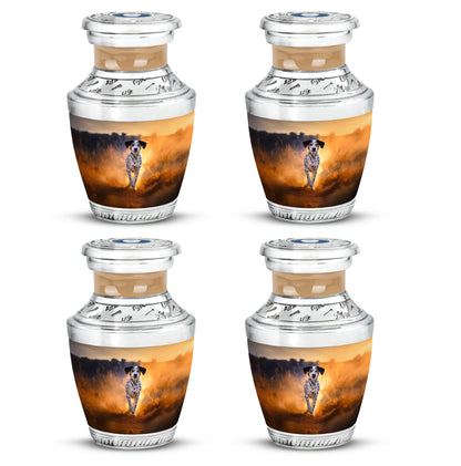 Harvest Gold Dog Cremation Urn back view with polished surface - stylized abstract dog pattern with bold lines - 10 inch aluminum urn for cremated remains