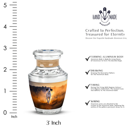 Burnished Gold Dog Cremation Urn top-down view of secure threaded lid - artistic dog interpretation with creative detail - mini keepsake memorial for portion of cremation ashes