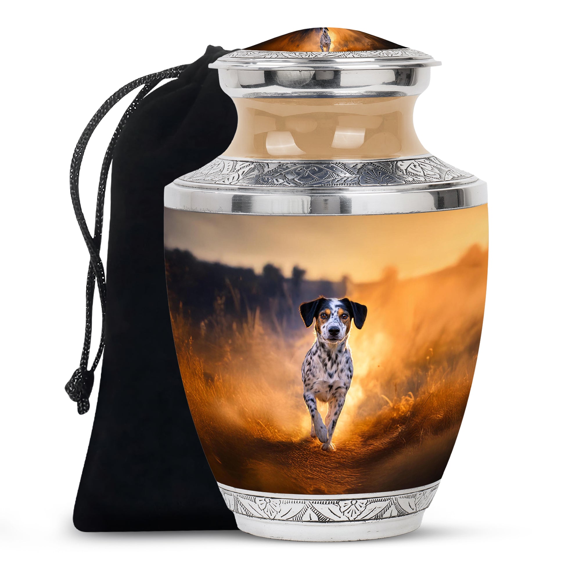 Antique Gold Dog Cremation Urn side profile showing urn shape - contemporary dog design with modern artistic flair - full-size 10 inch 200 cubic inch adult cremation urn