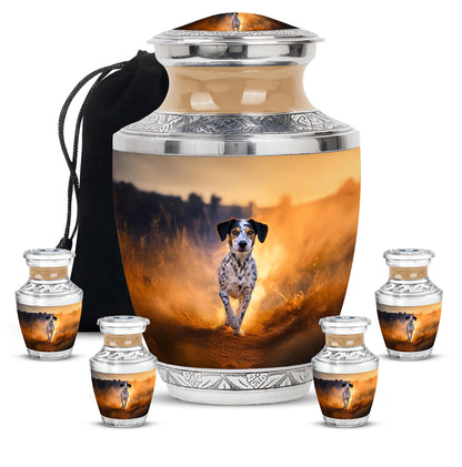 Royal Gold Dog Cremation Urn lifestyle display on memorial shelf - stylized abstract dog pattern with bold lines - memorial set with one large and four small urns