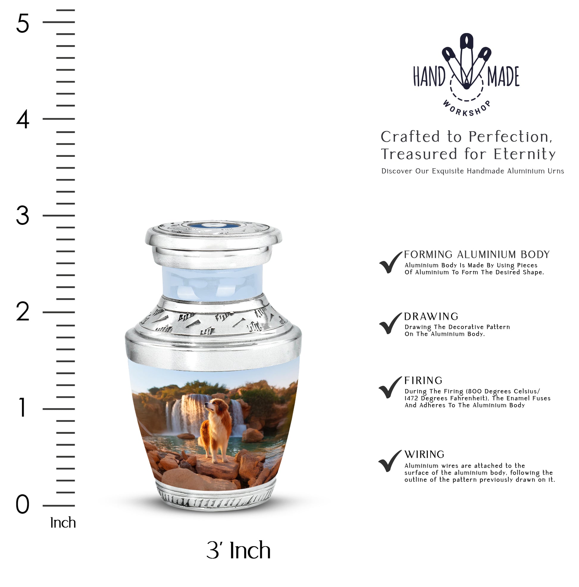 Sky Blue Dog Cremation Urn top-down view of secure threaded lid - modern art-inspired dog motif on sleek aluminum - mini keepsake memorial for portion of cremation ashes