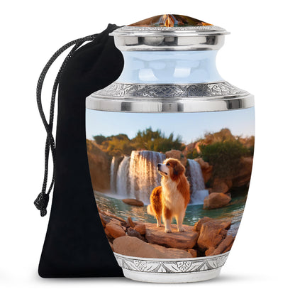 Cornflower Blue Dog Cremation Urn side profile showing urn shape - stylized abstract dog pattern with bold lines - full-size 10 inch 200 cubic inch adult cremation urn