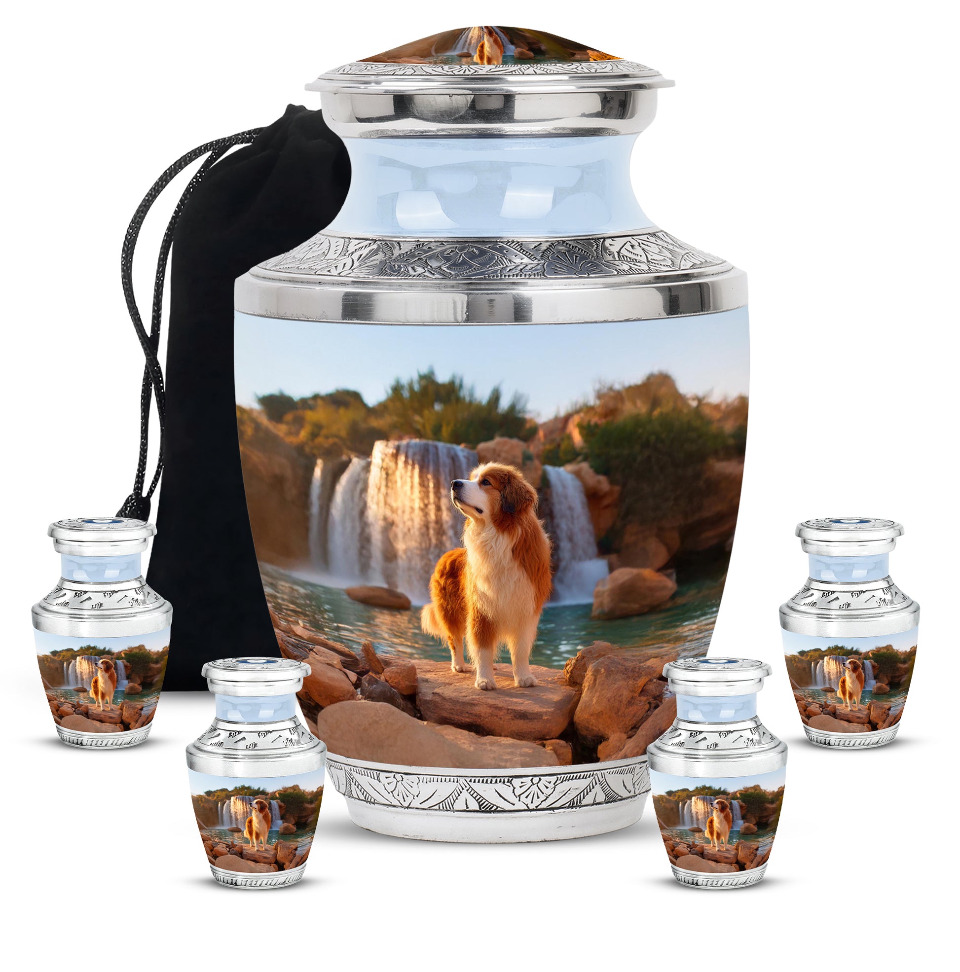 Steel Blue Dog Cremation Urn lifestyle display on memorial shelf - artistic dog interpretation with creative detail - memorial set with one large and four small urns