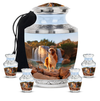 Steel Blue Dog Cremation Urn lifestyle display on memorial shelf - artistic dog interpretation with creative detail - memorial set with one large and four small urns