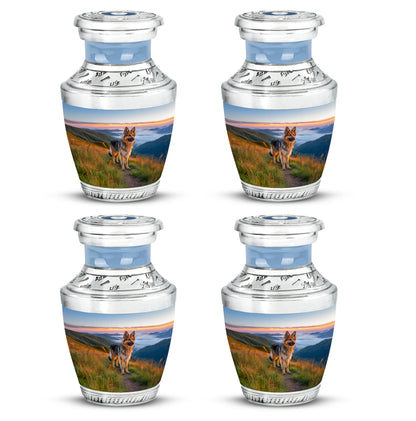 Sapphire Blue Dog Cremation Urn back view with polished surface - artistic dog interpretation with creative detail - 10 inch aluminum urn for cremated remains