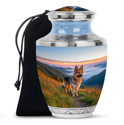 Sapphire Blue Dog Cremation Urn side profile showing urn shape - artistic dog interpretation with creative detail - full-size 10 inch 200 cubic inch adult cremation urn
