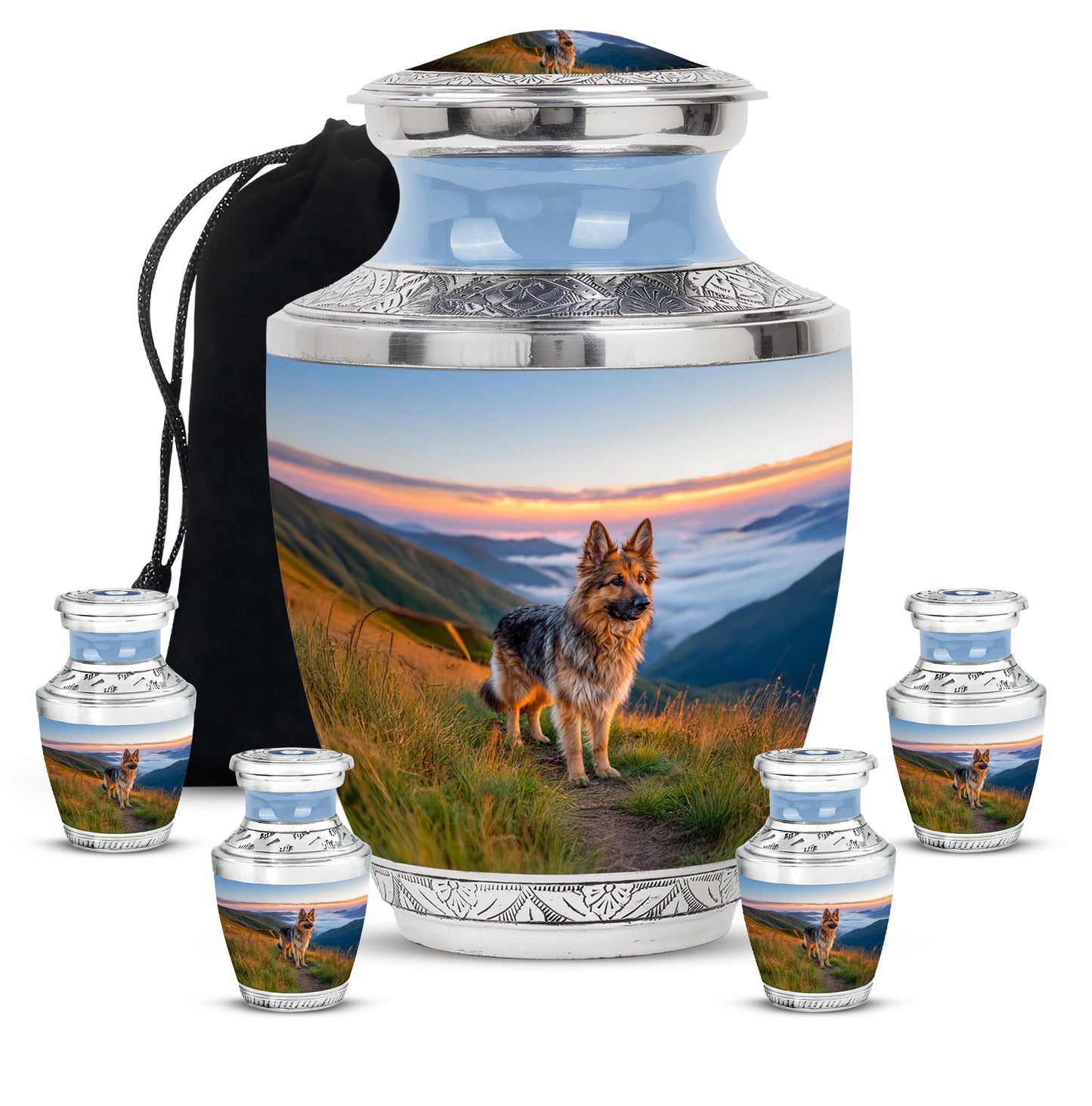 Indigo Dog Cremation Urn lifestyle display on memorial shelf - contemporary dog design with modern artistic flair - memorial set with one large and four small urns