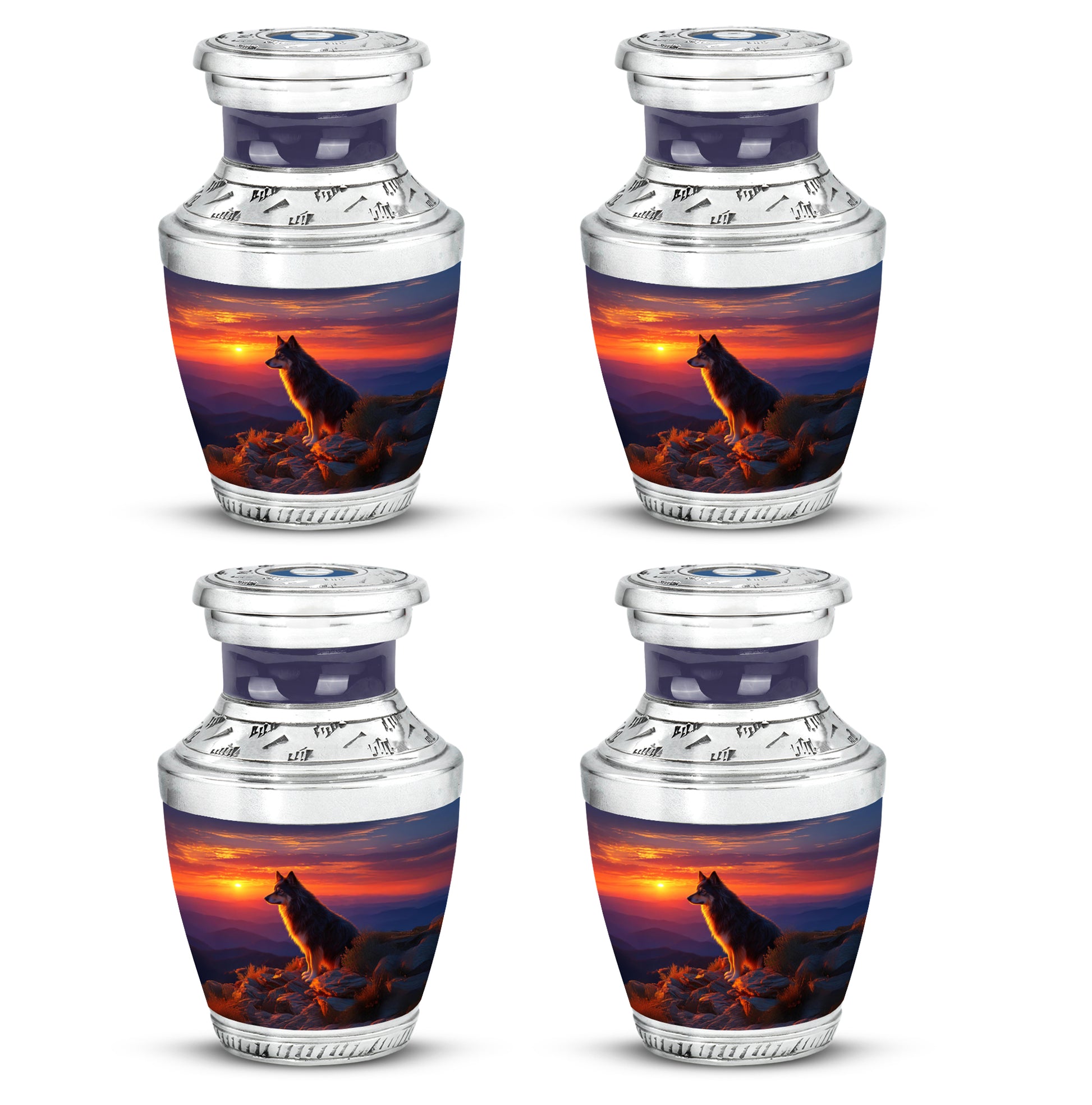 Dusty Blue Dog Cremation Urn back view with polished surface - modern art-inspired dog motif on sleek aluminum - 10 inch aluminum urn for cremated remains