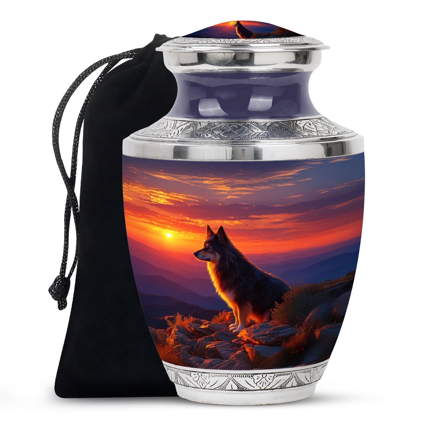 Azure Dog Cremation Urn side profile showing urn shape - modern art-inspired dog motif on sleek aluminum - full-size 10 inch 200 cubic inch adult cremation urn