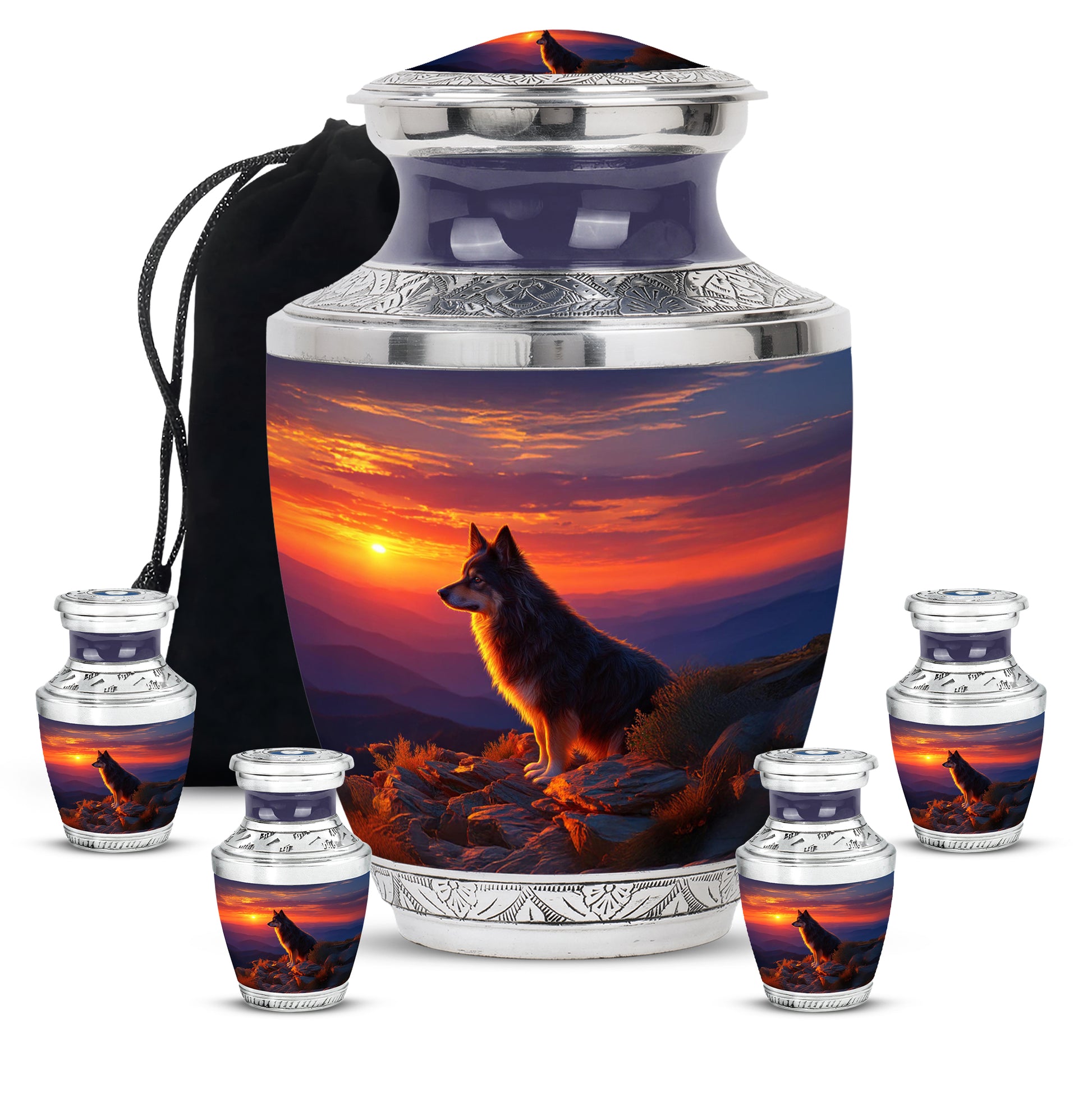Twilight Blue Dog Cremation Urn lifestyle display on memorial shelf - stylized abstract dog pattern with bold lines - memorial set with one large and four small urns