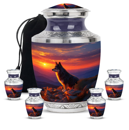 Twilight Blue Dog Cremation Urn lifestyle display on memorial shelf - stylized abstract dog pattern with bold lines - memorial set with one large and four small urns