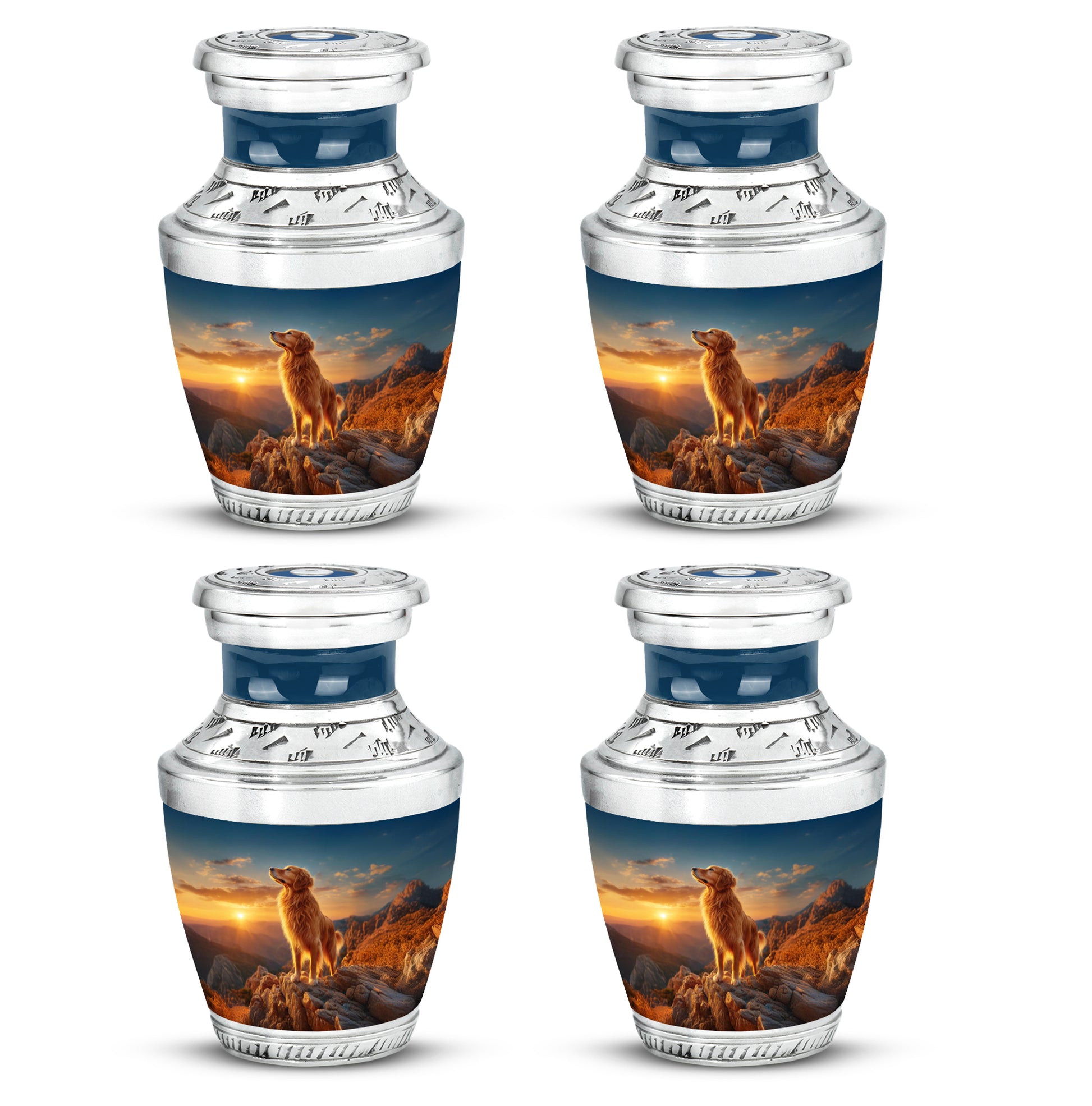 Sky Blue Dog Cremation Urn back view with polished surface - modern art-inspired dog motif on sleek aluminum - 10 inch aluminum urn for cremated remains
