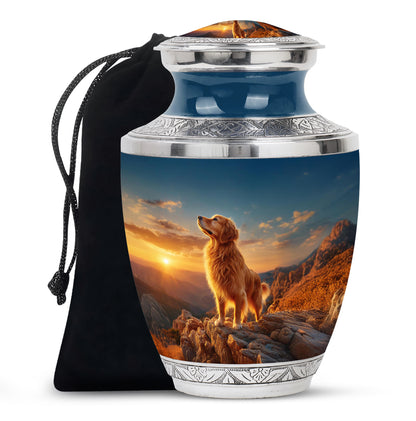 Bright Blue Dog Cremation Urn side profile showing urn shape - stylized abstract dog pattern with bold lines - full-size 10 inch 200 cubic inch adult cremation urn
