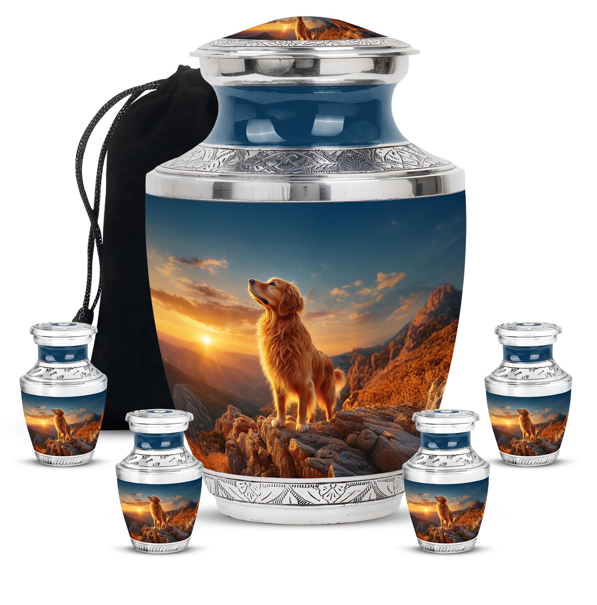 Indigo Dog Cremation Urn lifestyle display on memorial shelf - modern art-inspired dog motif on sleek aluminum - memorial set with one large and four small urns