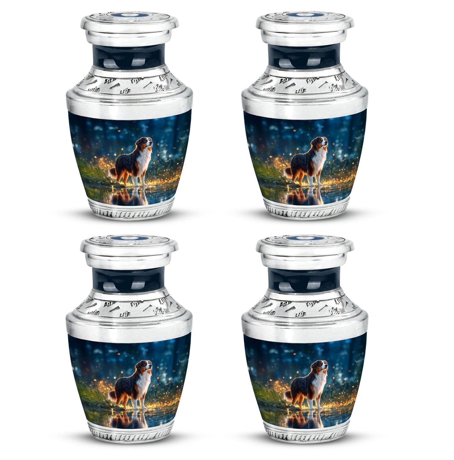 Cornflower Blue Dog Cremation Urn back view with polished surface - stylized abstract dog pattern with bold lines - 10 inch aluminum urn for cremated remains
