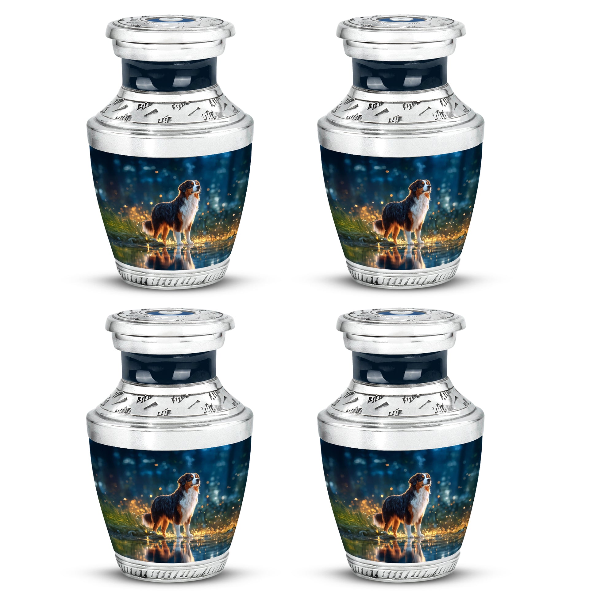 Cornflower Blue Dog Cremation Urn back view with polished surface - stylized abstract dog pattern with bold lines - 10 inch aluminum urn for cremated remains
