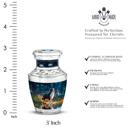 Sapphire Blue Dog Cremation Urn top-down view of secure threaded lid - stylized abstract dog pattern with bold lines - mini keepsake memorial for portion of cremation ashes