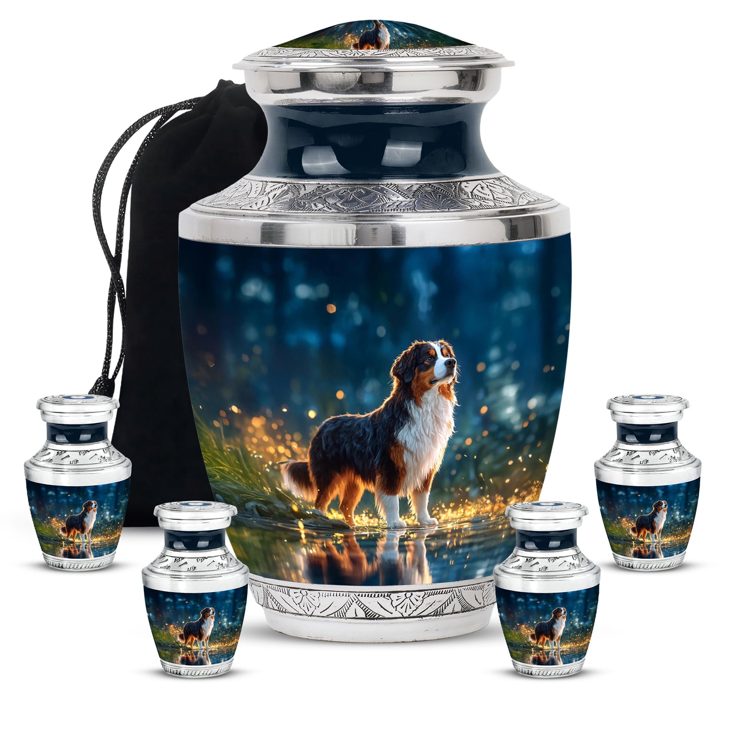Serene Blue Dog Cremation Urn lifestyle display on memorial shelf - artistic dog interpretation with creative detail - memorial set with one large and four small urns