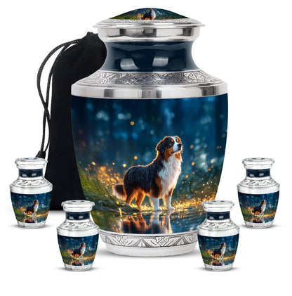 Serene Blue Dog Cremation Urn lifestyle display on memorial shelf - artistic dog interpretation with creative detail - memorial set with one large and four small urns