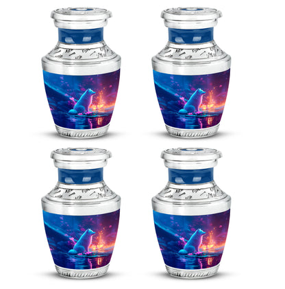 Vivid Blue Dog Cremation Urn back view with polished surface - stylized abstract dog pattern with bold lines - 10 inch aluminum urn for cremated remains