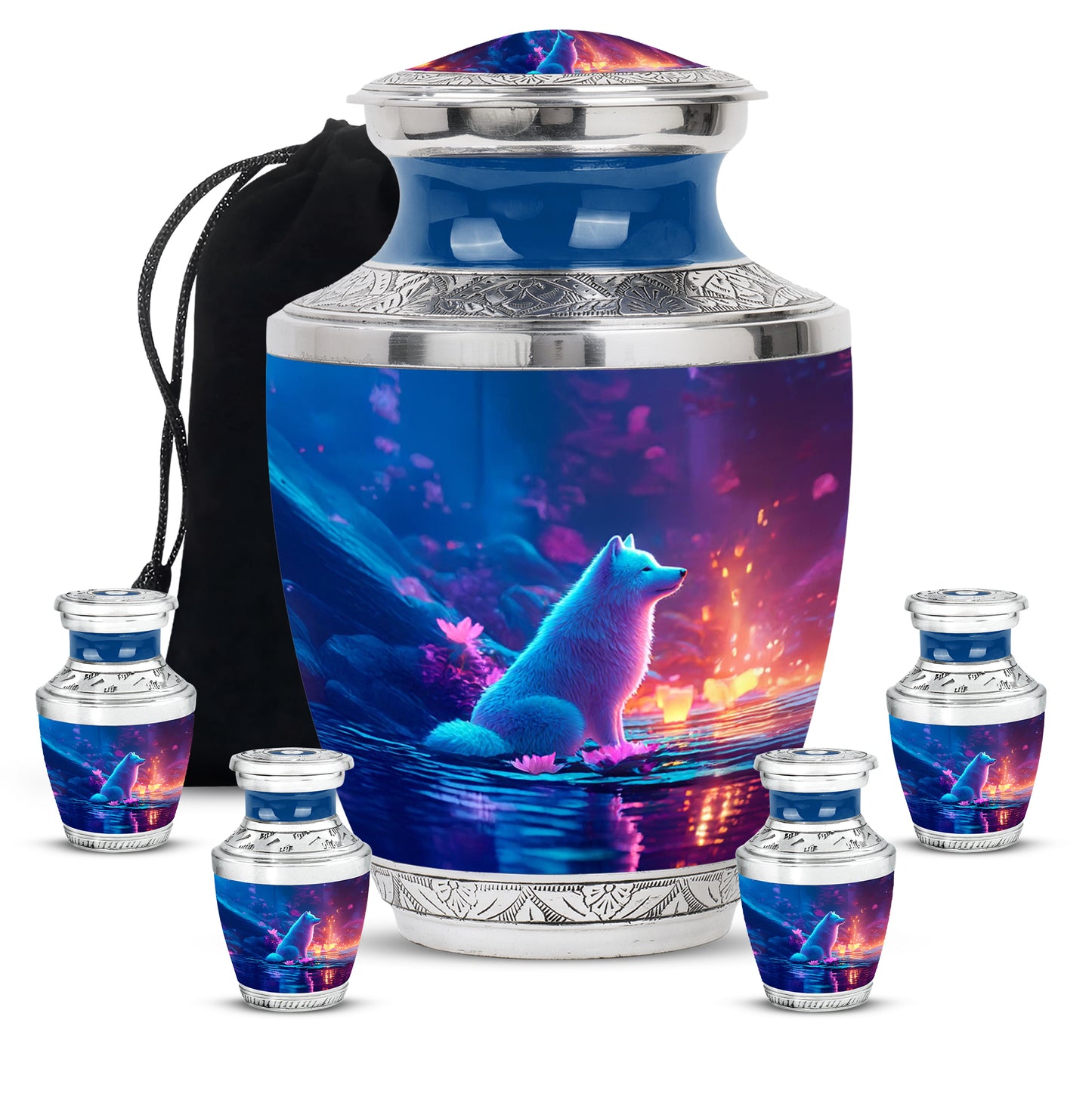 Cornflower Blue Dog Cremation Urn lifestyle display on memorial shelf - stylized abstract dog pattern with bold lines - memorial set with one large and four small urns
