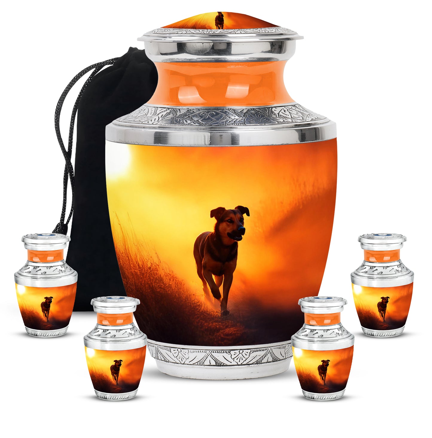 Harvest Gold Dog Cremation Urn lifestyle display on memorial shelf - stylized abstract dog pattern with bold lines - memorial set with one large and four small urns