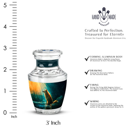 Jewel Teal Dog Cremation Urn top-down view of secure threaded lid - modern art-inspired dog motif on sleek aluminum - mini keepsake memorial for portion of cremation ashes
