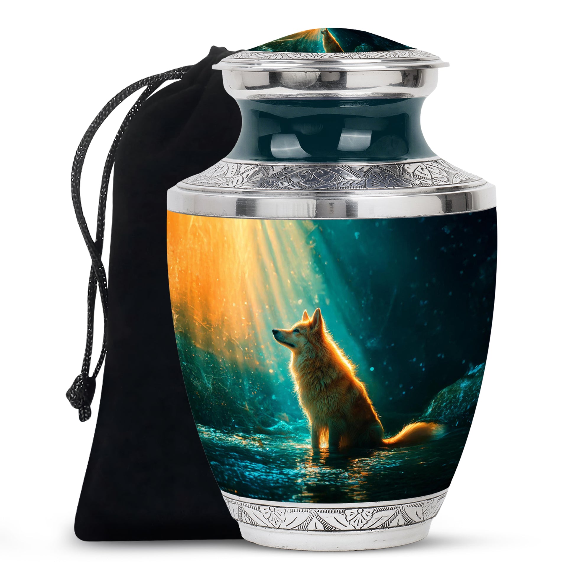 Mystic Teal Dog Cremation Urn side profile showing urn shape - artistic dog interpretation with creative detail - full-size 10 inch 200 cubic inch adult cremation urn