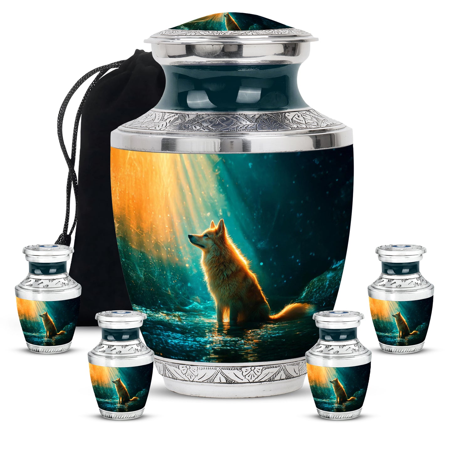 Sea Green Teal Dog Cremation Urn lifestyle display on memorial shelf - modern art-inspired dog motif on sleek aluminum - memorial set with one large and four small urns
