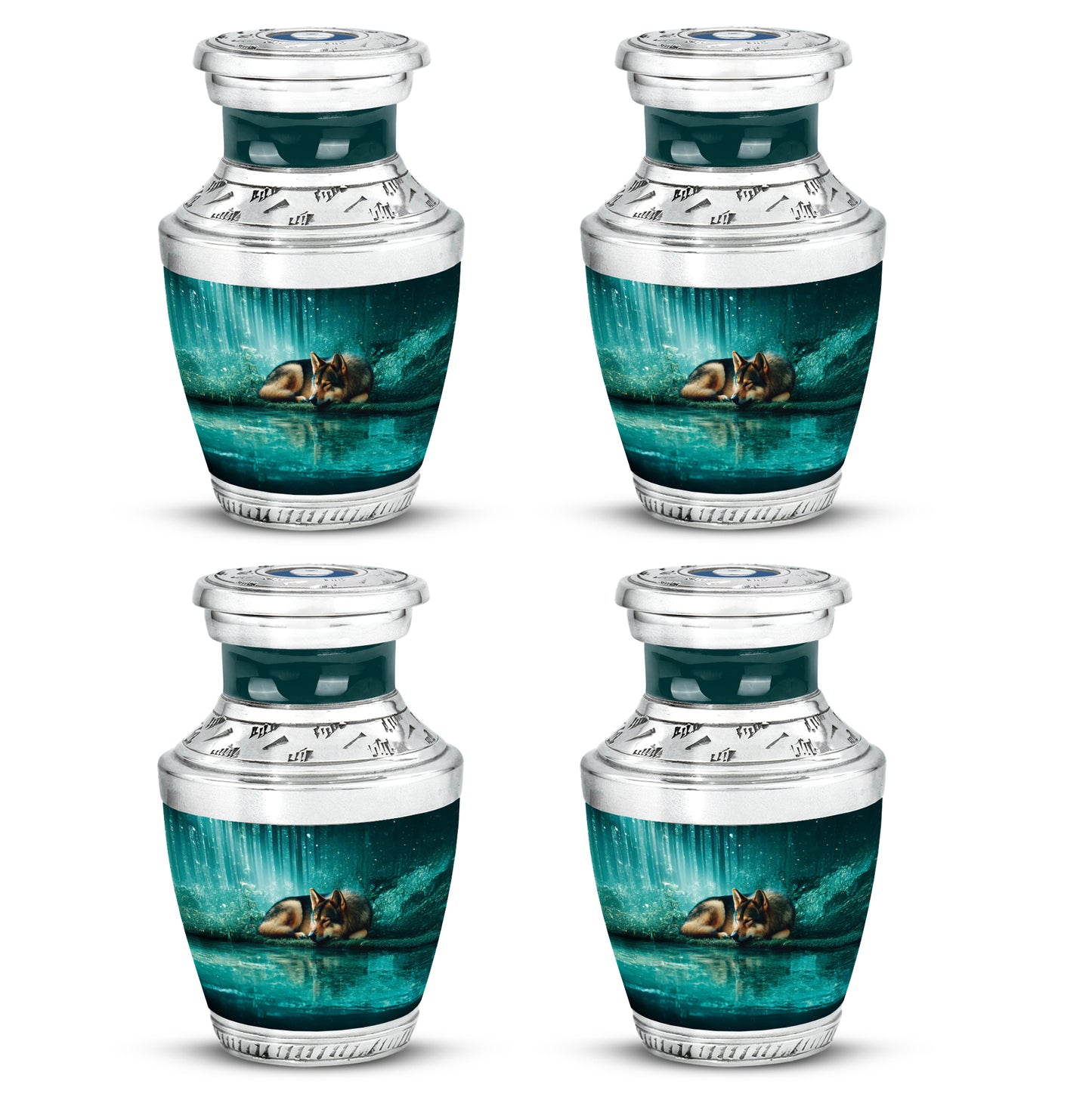 Mystic Teal Dog Cremation Urn back view with polished surface - artistic dog interpretation with creative detail - 10 inch aluminum urn for cremated remains
