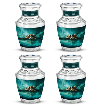 Mystic Teal Dog Cremation Urn back view with polished surface - artistic dog interpretation with creative detail - 10 inch aluminum urn for cremated remains