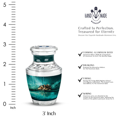 Aqua Teal Dog Cremation Urn top-down view of secure threaded lid - stylized abstract dog pattern with bold lines - mini keepsake memorial for portion of cremation ashes