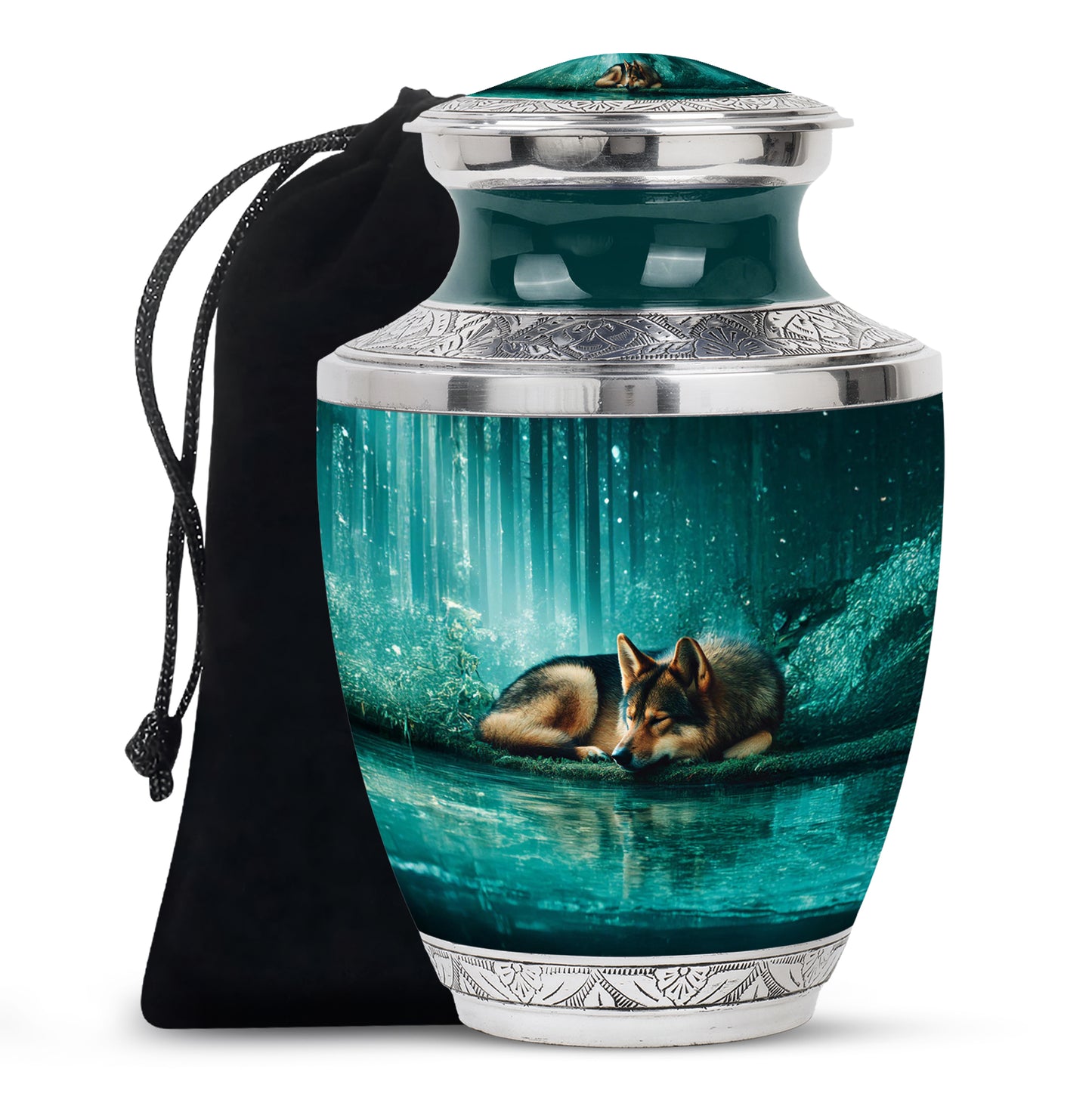 Jewel Teal Dog Cremation Urn side profile showing urn shape - contemporary dog design with modern artistic flair - full-size 10 inch 200 cubic inch adult cremation urn