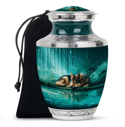 Jewel Teal Dog Cremation Urn side profile showing urn shape - contemporary dog design with modern artistic flair - full-size 10 inch 200 cubic inch adult cremation urn