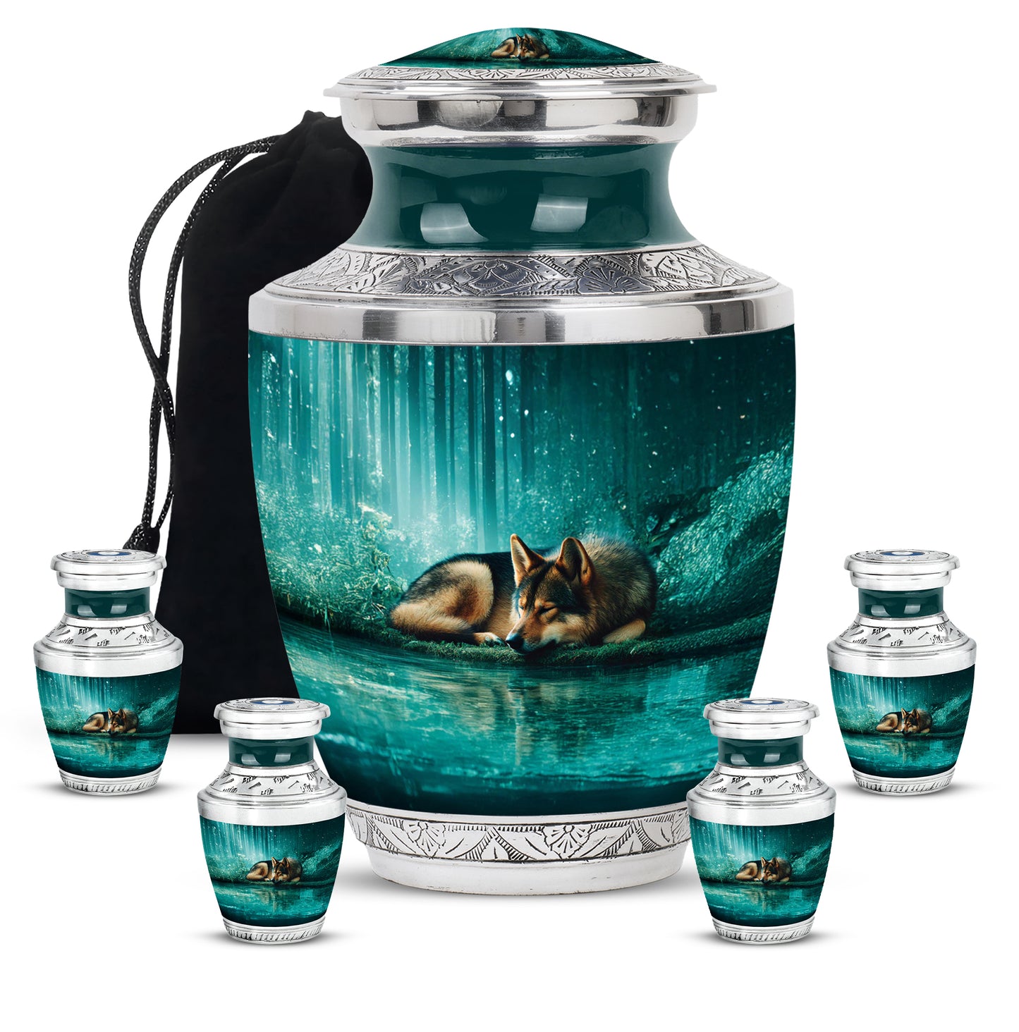 Soft Teal Dog Cremation Urn lifestyle display on memorial shelf - modern art-inspired dog motif on sleek aluminum - memorial set with one large and four small urns