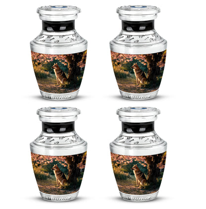 Harvest Gold Dog Cremation Urn back view with polished surface - artistic dog interpretation with creative detail - 10 inch aluminum urn for cremated remains
