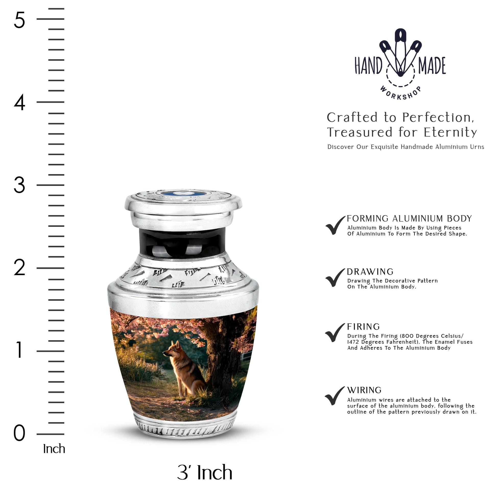 Amber Gold Dog Cremation Urn top-down view of secure threaded lid - modern art-inspired dog motif on sleek aluminum - mini keepsake memorial for portion of cremation ashes
