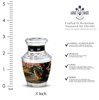 Amber Gold Dog Cremation Urn top-down view of secure threaded lid - modern art-inspired dog motif on sleek aluminum - mini keepsake memorial for portion of cremation ashes